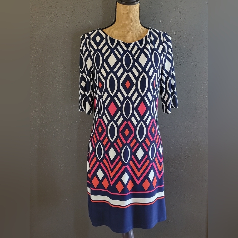 Eliza J Size 8 Polyester Knit Sheath Dress Navy/Red/Pink Geometric Design